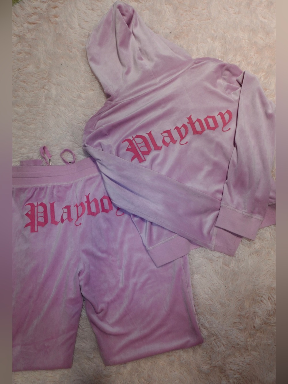 Plush Lavender Velour Zip Hoodie & Pants Set with Rhinestone Playboy Bunny